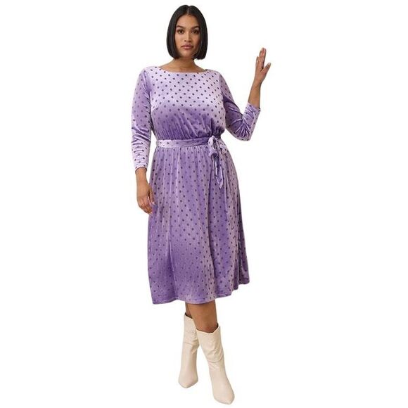 Torrid Plus Sz 2X Dress Midi Burnout Velvet Boatneck Dress Purple Polka Dot 1005 - Picture 1 of 15